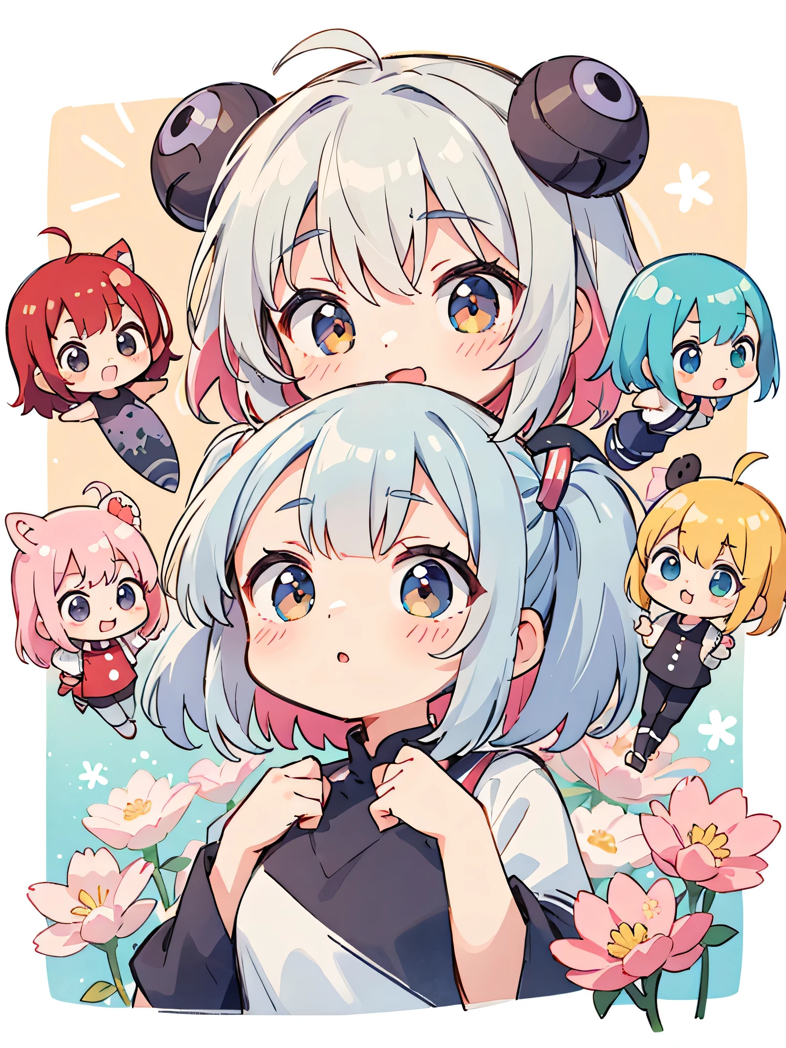 Momoko Sakura red and white style, Kawaii Design, most beautiful girl ever、Chibi, Colorful bob hair、((Lots of friends))、Colorful and cute pillbugs
