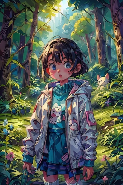 children girl forest with a white jacket with a Hello Kitty design, bitter expression, staring straight ahead