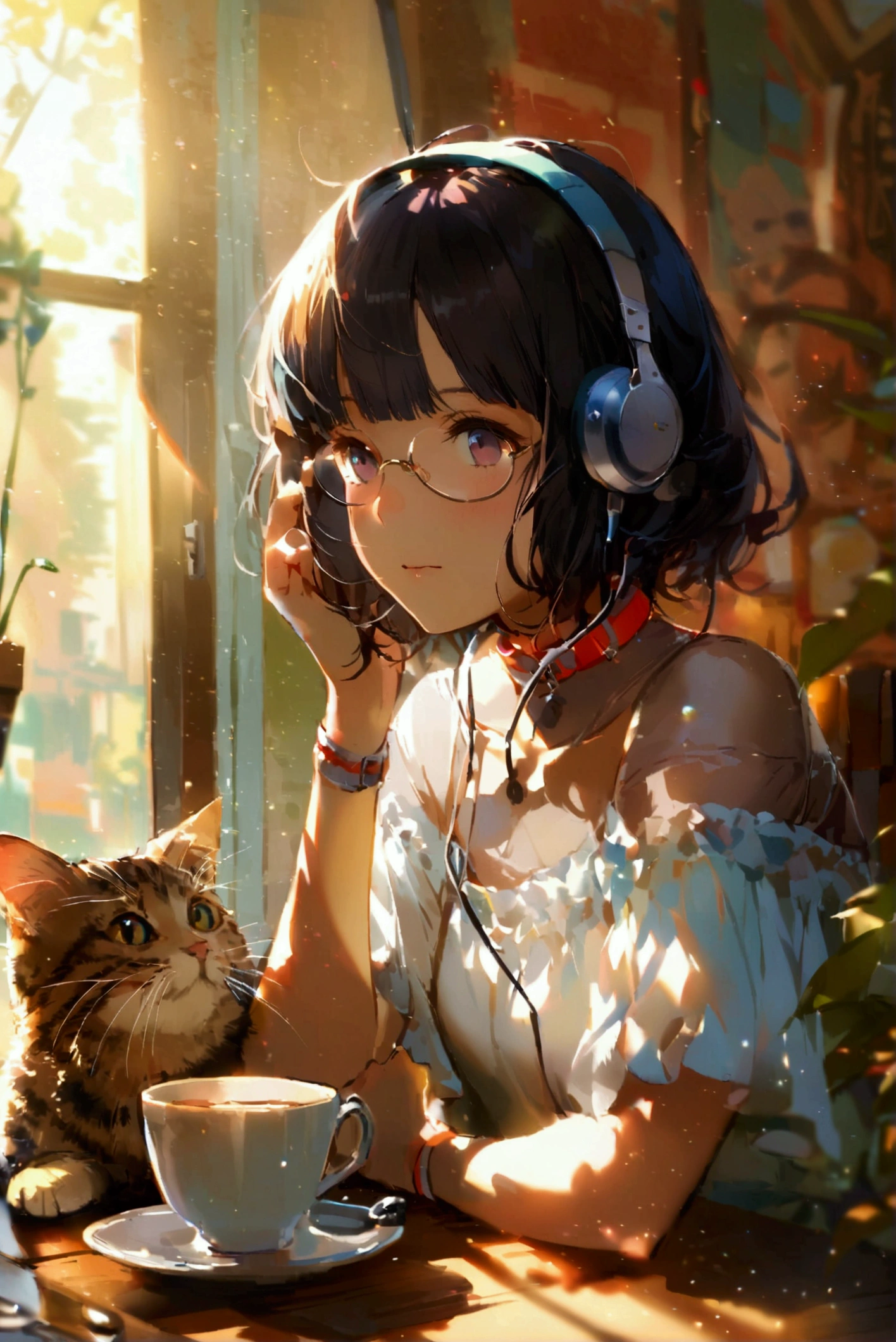 (extremely detailed fine touch:1.3), pastel collar, (((semi-rimless round eyewear:1.3))), (headphone:1.2), short hair, blunt bangs, 1 girl, In the morning, there is a bright morning sun drinking coffee at the dining table, and there is a cat.