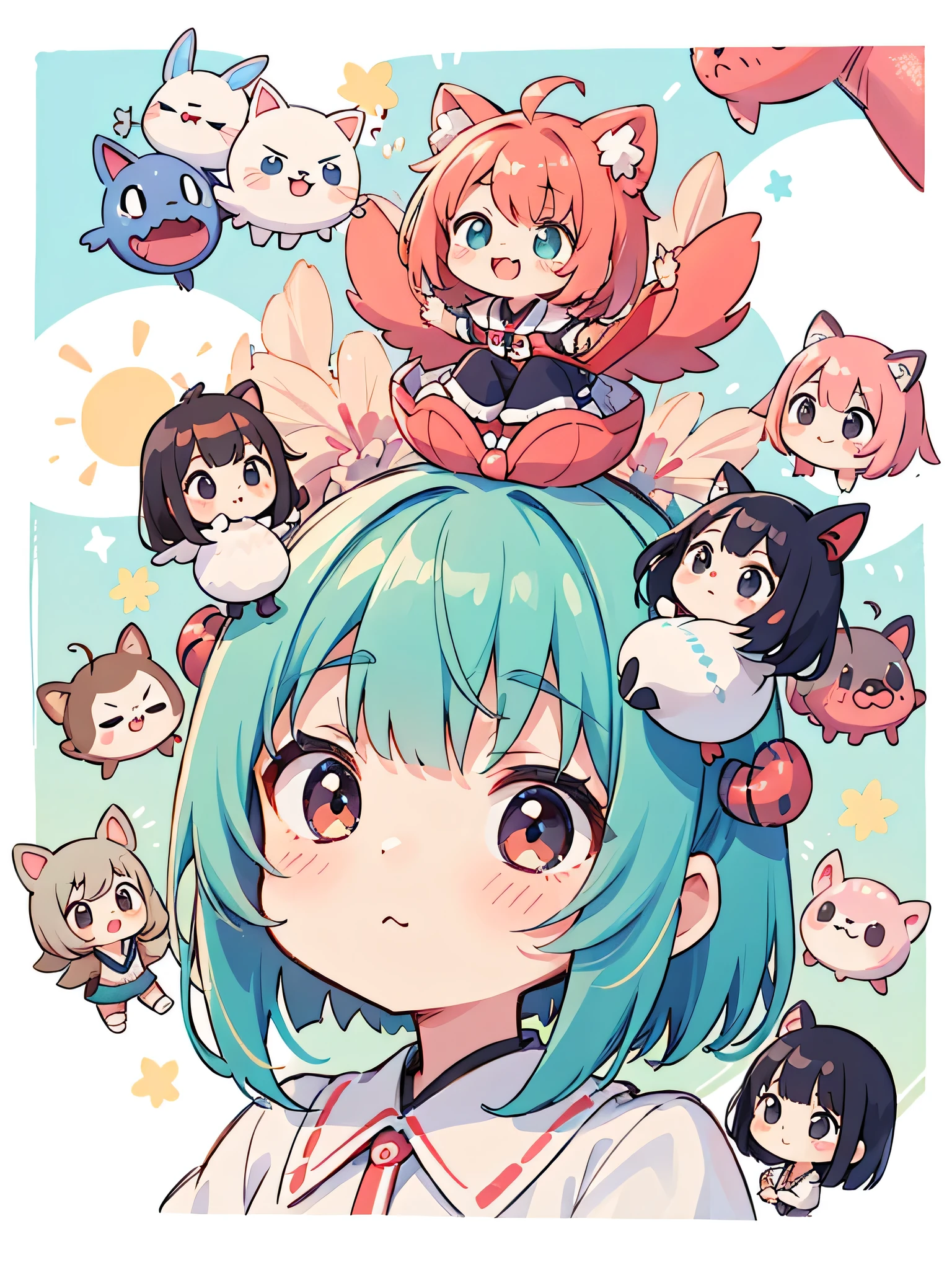 Momoko Sakura red and white style, Kawaii Design, most beautiful girl ever、Chibi, Colorful bob hair、((Lots of friends))、Colorful and cute pillbugs