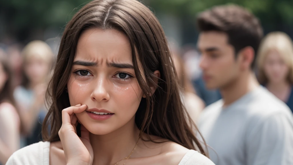 a young woman crying, with a blurred background full of people 16k quality