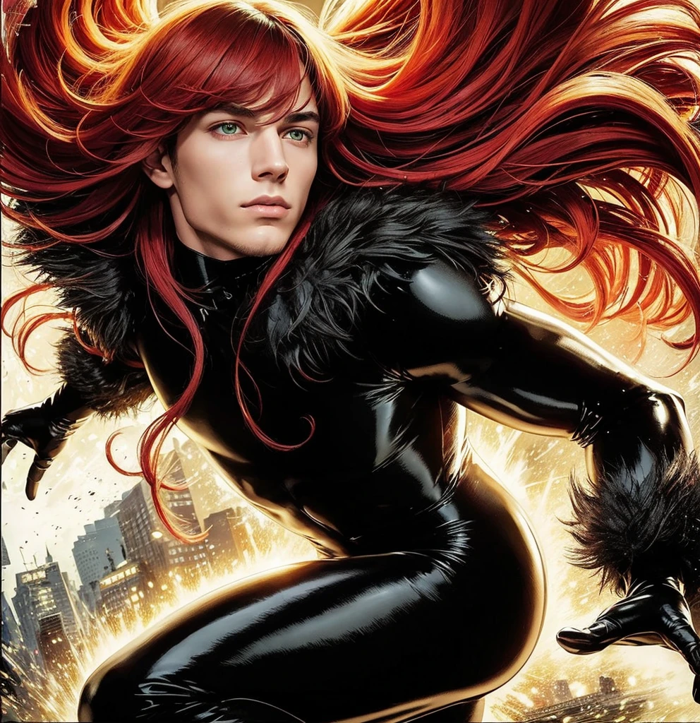 American classic comic book art: handsome ethereal young man delicate, very long bright red hair long straight waves with bangs, black fur collar, tight black window outfit, black gloves, bigbutt, bright green eyes, neck covered in black hair, black tight leggings, scarlet-red magic, beautiful thighs, yellow bracelets, spy agent, man delicate body, black jacket black fur collars, very young face man, classic comic book