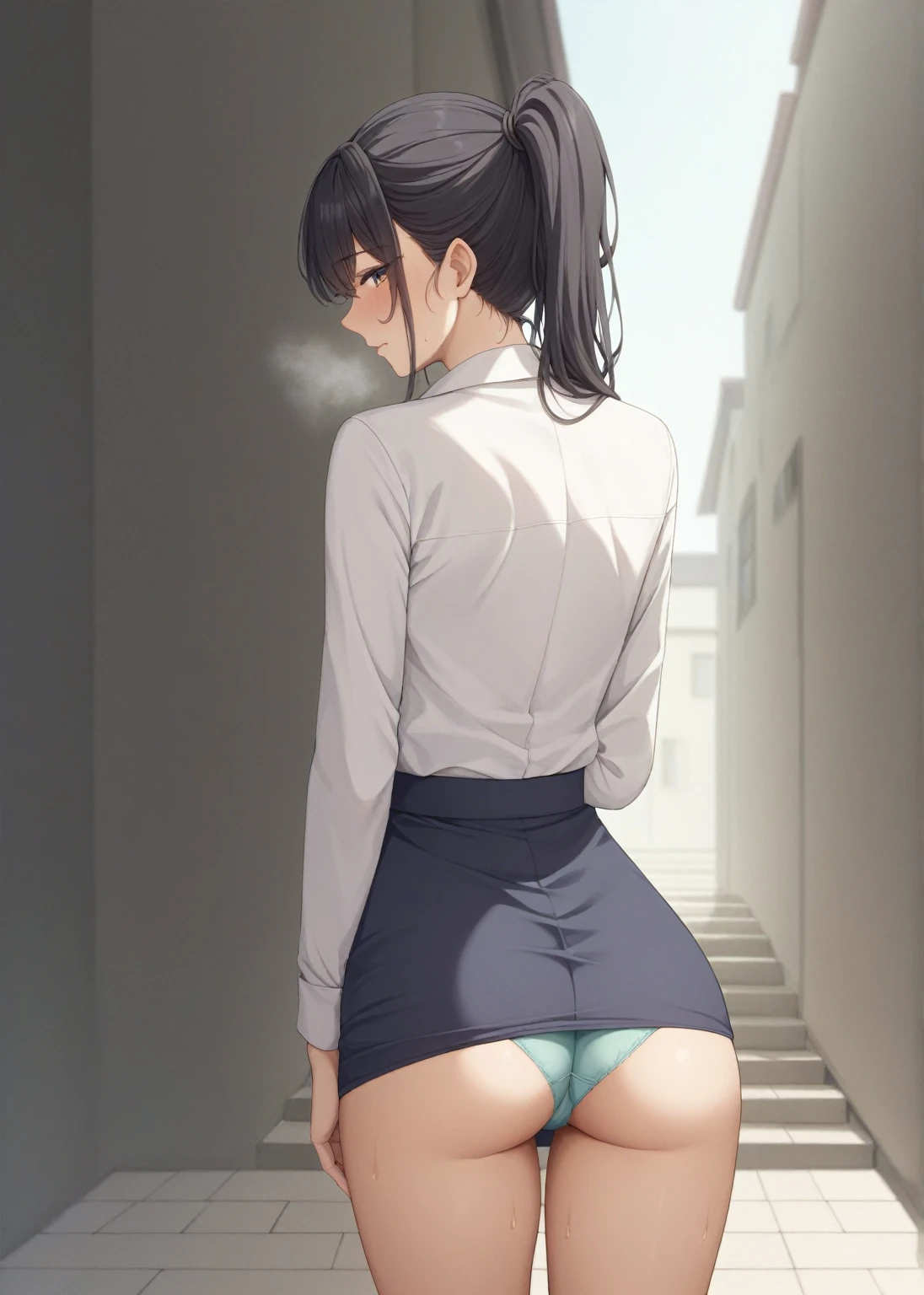 One person、masterpiece、Highest quality、Super detailed、High resolution illustrations、Improve skin quality、Increase eye appeal、Drawn in detail、Perfect body structure、Old woman、Business suit and tight skirt、Top of the stairs、Back view、look back、Lift up the skirt、Showing off plain colored panties、Are thin、Tall、Small butt、Small waist、Skin blemishes、Skin wrinkles、Aged skin、Wrinkled skin、Outdoor、Embarrassing、Bad mood、Sweat it out、Sigh、Heat、Black Hair、Downcast eyes、mole、お尻にmole、Long Hair、ponytail、