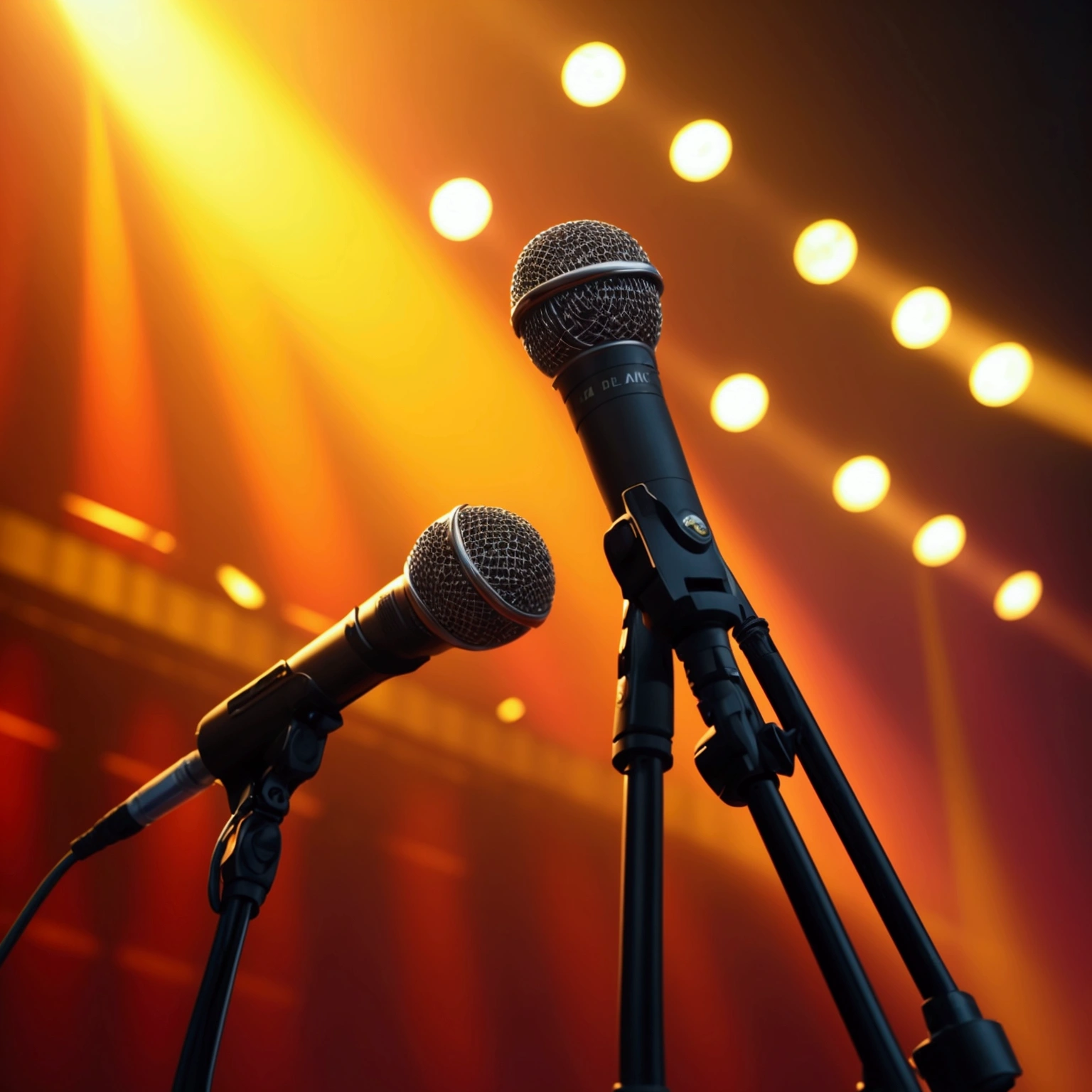 Image of a stage with spotlights and microphone on the Stand Up comedy stage