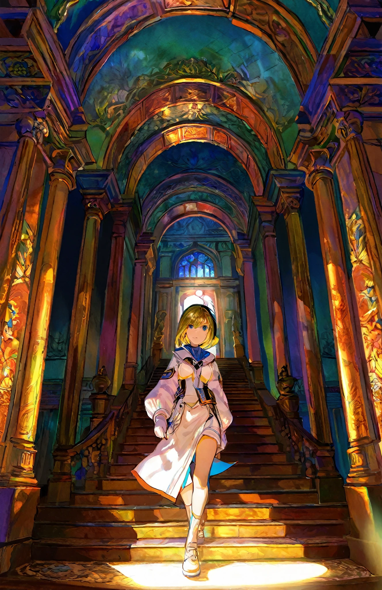 masterpiece,best quality,ultra detailed,by fuzichoco,(1girl:1.2),girl walking on stairs, dramatic lighting,female focus, centered
