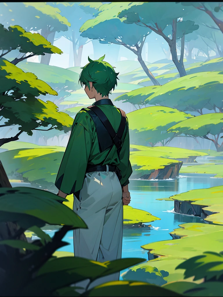 Anime man with beautiful green scenery