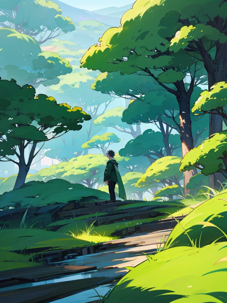 Anime man with beautiful green scenery