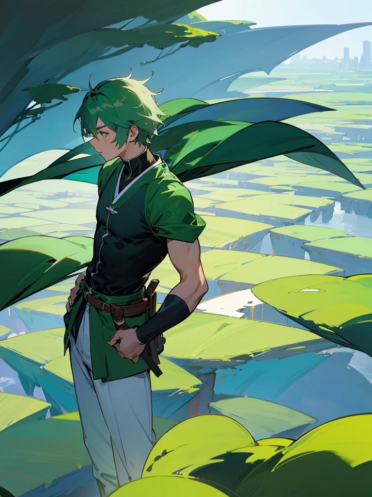 1boy, green hair, red eye, tall, muscular, naked, using sword in left hand, leaning against a cherry tree