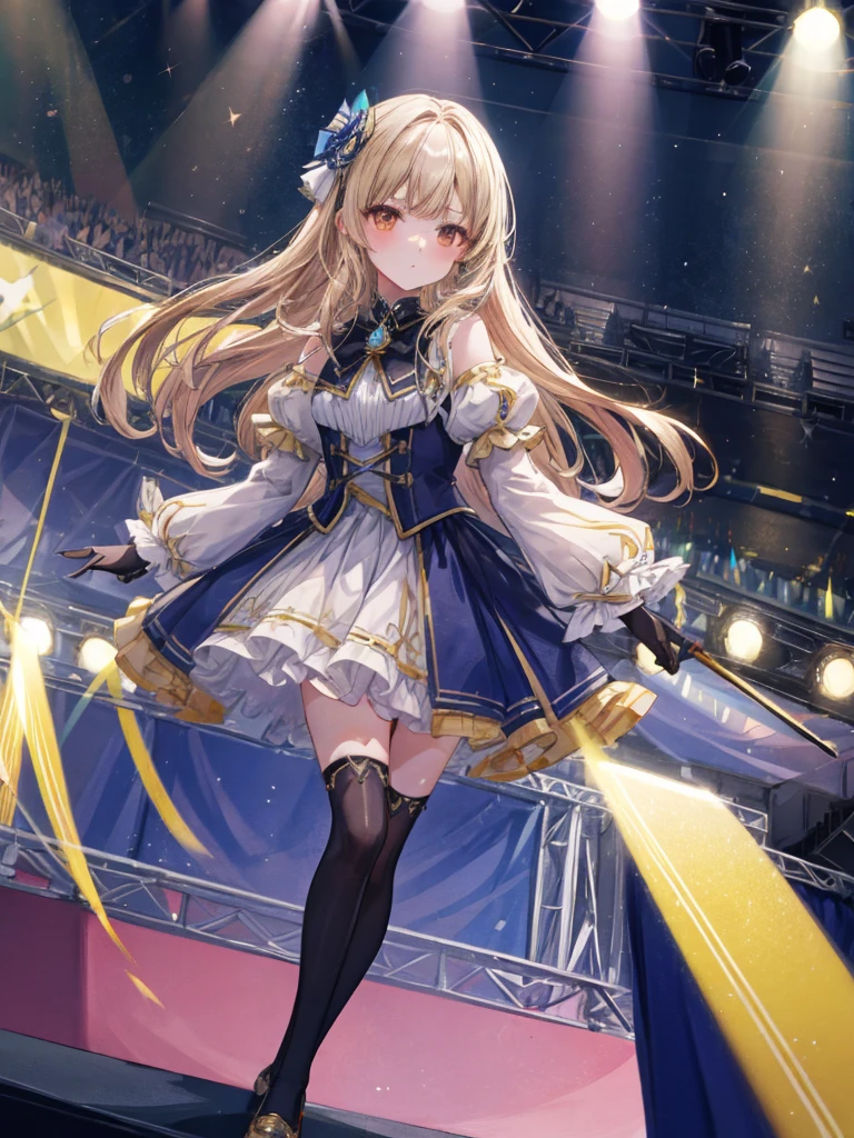Idol Stage, Idol Dress, beautiful, Very detailed, masterpiece, Highest quality, Tyndall effect, light, Stage lighting, One girl, alone, Long Hair, Knee socks, on stage, look up, Light Scattering, Volumetric lighting, Spotlight, light, atmosphere, Octane Rendering, 8K