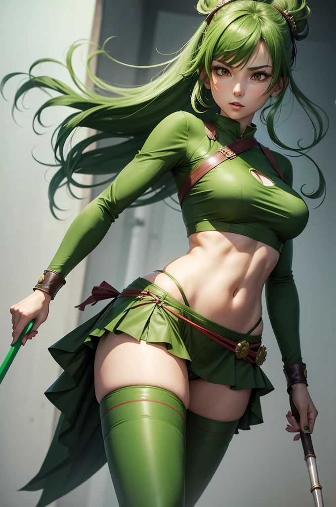 An -yeld Jaese girl who was transported to another world.　A warrior　lean back with the great sword　Her hair is long and green.　Full body image　beauty legs　chest is underdeveloped