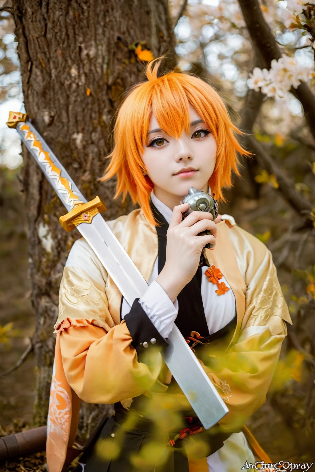 anime cosplay - style girl with orange hair holding a sword and a cell phone, anime cosplay, orange - haired anime boy, ginko showing a new mushi, anime style mixed with fujifilm, anime girl cosplay, cosplay photo, ichigo kurosaki, professional cosplay, cosplay, ichigo, rin, ayaka cosplay, inspired by Matsumura Goshun, full-cosplay