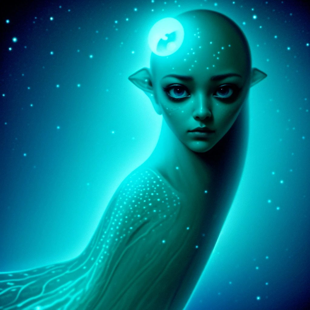 A stunning, hyper-realistic portrayal of an alien creature by Esao Andrews. The fish girl is depicted with a slender, bioluminescent body, adorned with multi-colored neon dots that glow brilliantly. Her transparent skin reveals her intricate internal structure, and her small, round appendages serve as arms, gently embracing her otherworldly fish-like face. Esao Andrews' unique artistic techniques create an atmosphere of wonder and mystique, drawing the viewer into the captivating world of this enigmatic creature.