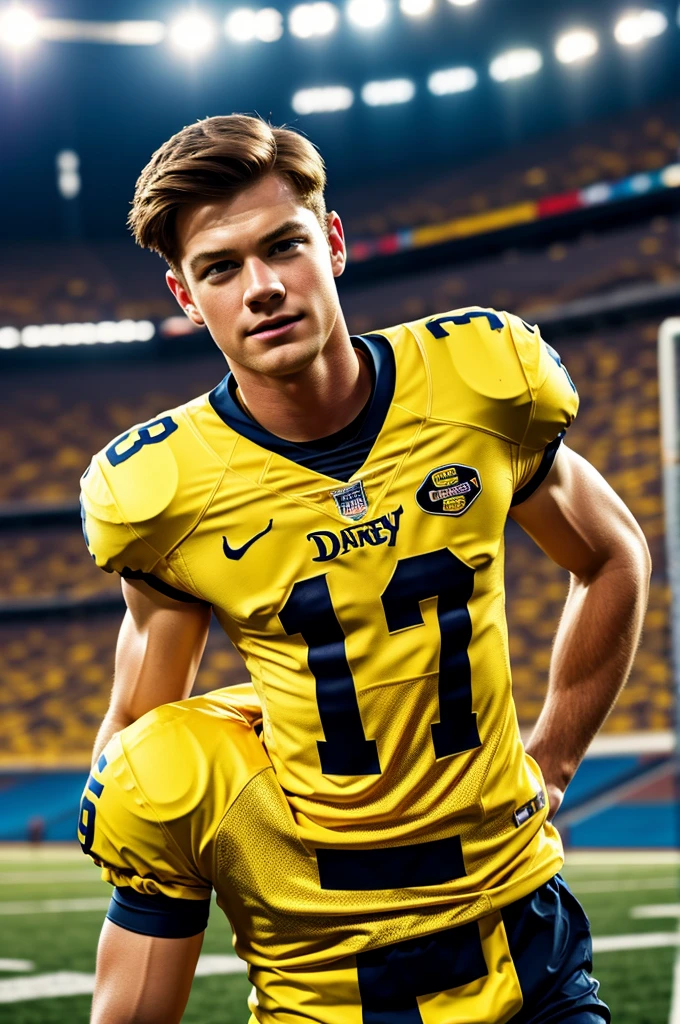Disney Pixar type image with the name Dane in a football stadium with fans and a yellow shirt 
