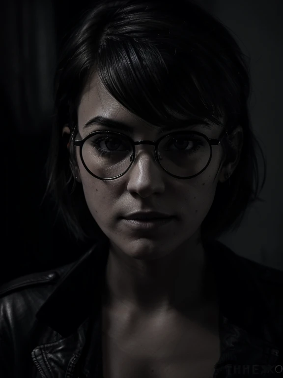 Raw monochrome photo, subject, (highly detailed skin:1.2), 8k contract, SLR camera, soft lighting, high quality, Granularity, monochrome film Fujifilm XT3, masterpiece,Best quality,ultra detailed,masterpiece, Photography for documents,1 girl 22 years old with aesthetic small breasts, upper body,,(((hairstyle))), very tousled dark brown tousled hair, тёмно-Brown eyes, glasses, black jacket,clear sharp focus, twilight, ambient light of a photo studio,Shadow on the face, reflection in glasses lenses, отражение in the eyes, detailed eyes,Brown eyes,Beautiful eyes,detailed face,real leather,chiaroscuro, (high contrast):1.2, dramatic shadows, Bold text, moody atmosphere, Thrilling Intensity, expressive style of writing, black and white photography