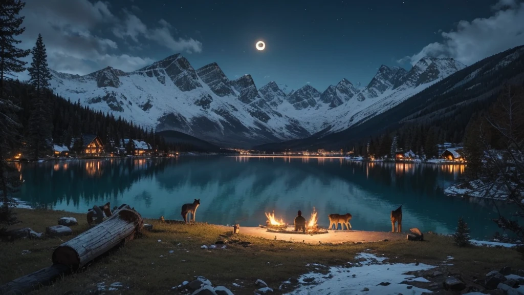 a dark night, with the full moon, wolves coming out among the mountains, reflecting the full moon, next to it there is a lake; there is a waterfall, lowering the water, nearby there are little animals drinking water, near the mountains there is a little nome house, who are inside the house, they are preparing to go to sleep. to get up in the morning to go to the mountain to look for firewood and take a dip in the lake. They have already gotten into the lake and are having a great time, They are going to make a pignic, they are preparing it to eat, one of them has received a large fish, with the firewood they have taken they are making a fire to eat the fish, they have already eaten, they are going to take a nap in a tree that is very shady,