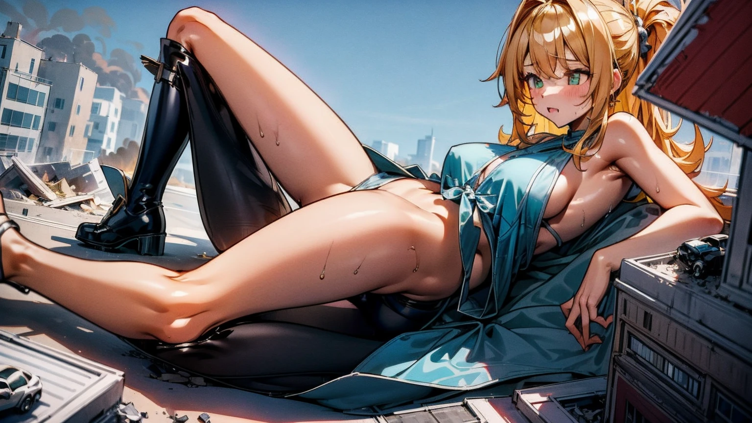 Giantess with firm , long sexy legs, yellow hair and in a bikini is lying on the ground, while the city at her feet burns in flames from the destruction she has caused, while tiny people climb on her body to have sex with her. Giantess, goddess, macrophilia, curvaceous body, hentai, fetish, sexy legs, bikini, high heels, high quality, tiny people, tiny people climbing
