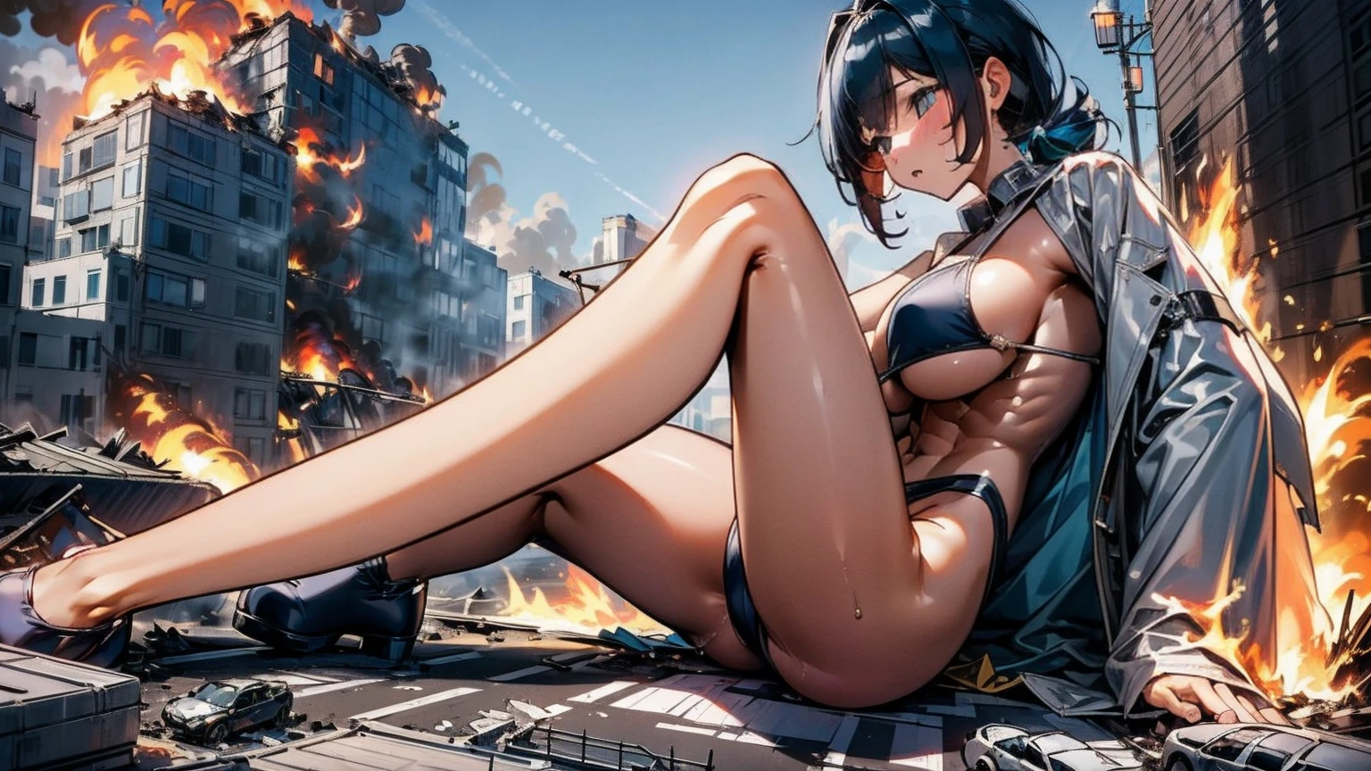 Giantess with firm , long sexy legs, yellow hair and in a bikini is lying on the ground, while the city at her feet burns in flames from the destruction she has caused, while tiny people climb on her body to have sex with her. Giantess, goddess, macrophilia, curvaceous body, hentai, fetish, sexy legs, bikini, high heels, high quality, tiny people, tiny people climbing