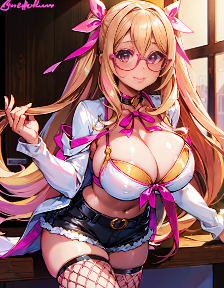 blush, A shining smile, Natural light, masterpiece, Shiny skin, Juicy lips , ,sexy, hot, Cleavage, Slut, hourglass, Blonde, Big eyes, Large scale, Dim lighting, Long Hair, Pink ribbon, Ribbon in hair, Golden round glasses, sandy Blonde, Upper Body Shot, ((Pink ribbon)), very Long Hair, Black crop top, Shorts, White jacket, choker, Fishnet tights, belt, stilleto Heel, ((Heel)), Station Class