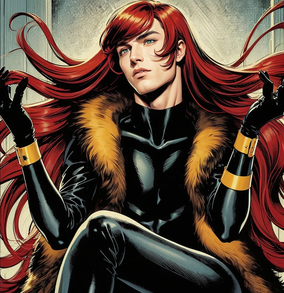 American classic comic book art: handsome ethereal young man delicate, very long bright red hair long straight waves with bangs, black fur collar, tight black window outfit, black gloves, bigbutt, bright green eyes, neck covered in black hair, black tight leggings, scarlet-red magic, beautiful thighs, yellow bracelets, spy agent, man delicate body, black jacket black fur collars, very young face man, classic comic book