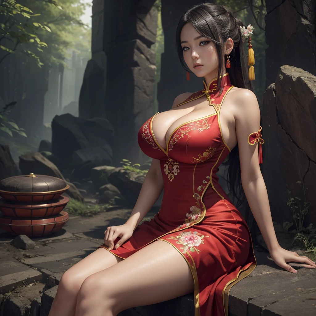 Highly detailed CG unit 8k wallpaper, masterpiece, High resolution, highest quality, highest quality real texture skin, Super Real, Digital Painting, Best image quality, 最High resolution, 8k, (((1 girl))), Very beautiful ager, ((Highly detailed eyes and face)), Beautiful eyes in every detail, (Full Body Shot), (bare shoulders, china dress, chinese clothes, short dress, cleavage cutout, sideboob, thighs, chinese style embroidery, ), gigantic breasts, sagging breasts, disproportionate breasts, huge breasts, sagging breasts, curvy,