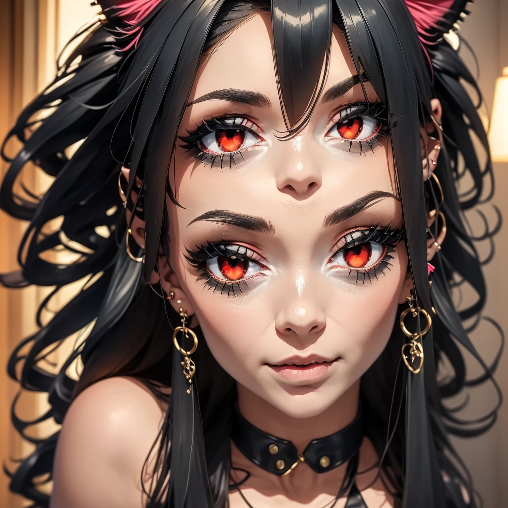1 girl, solo, red eyes, cat ears, brunette, wavy hairstyle, wearing bottom lip pierce, wearing earrings, wearing a black velvet choker, wearing a black velvet lingerie, sitting on couch, long eyelashes, wearing soft makeup