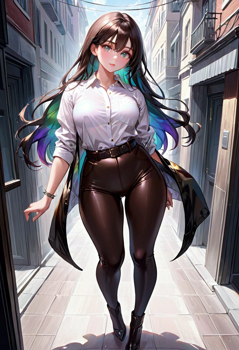 (masterpiece), best quality, expressive eyes, perfect face, Adult Female,long dark iridescent hair, iridescent eyes, small waist,b , large thighs,brown jacked, white shirt and black pants