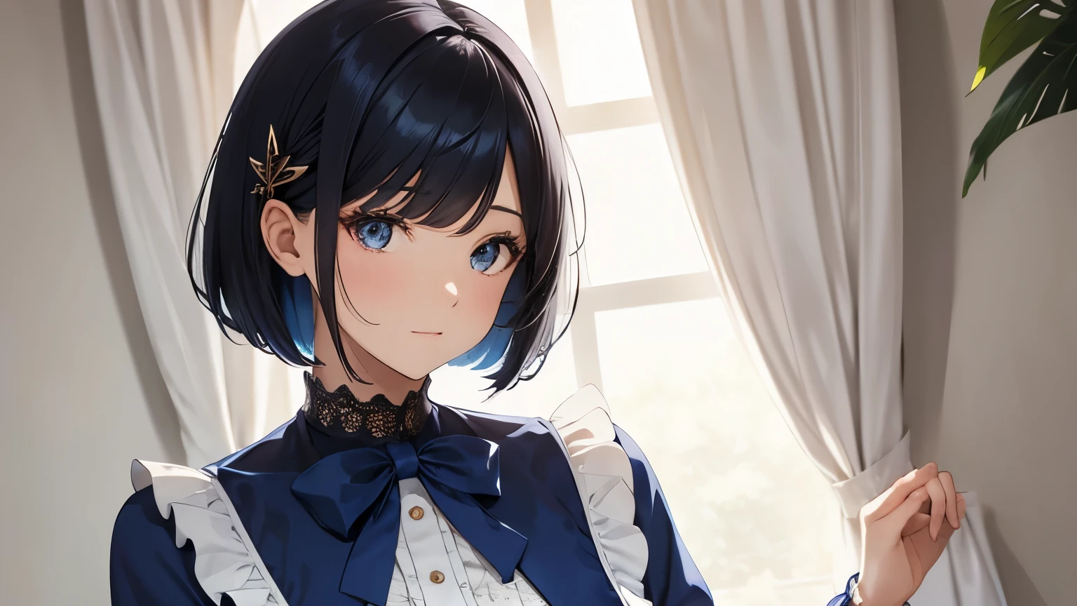 A beautiful woman wearing a blue sailor suit with lots of ruffles and lace Long sleeve Black bob with hair ornament Upper Body