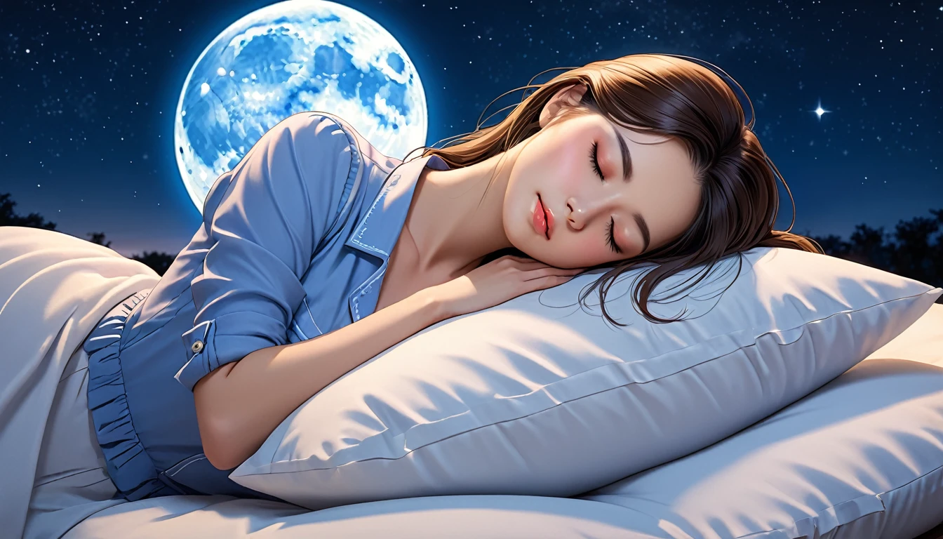 (Highest quality),Beautiful woman sleeping on a pillow ,a working woman,Night Sky, star, full moon