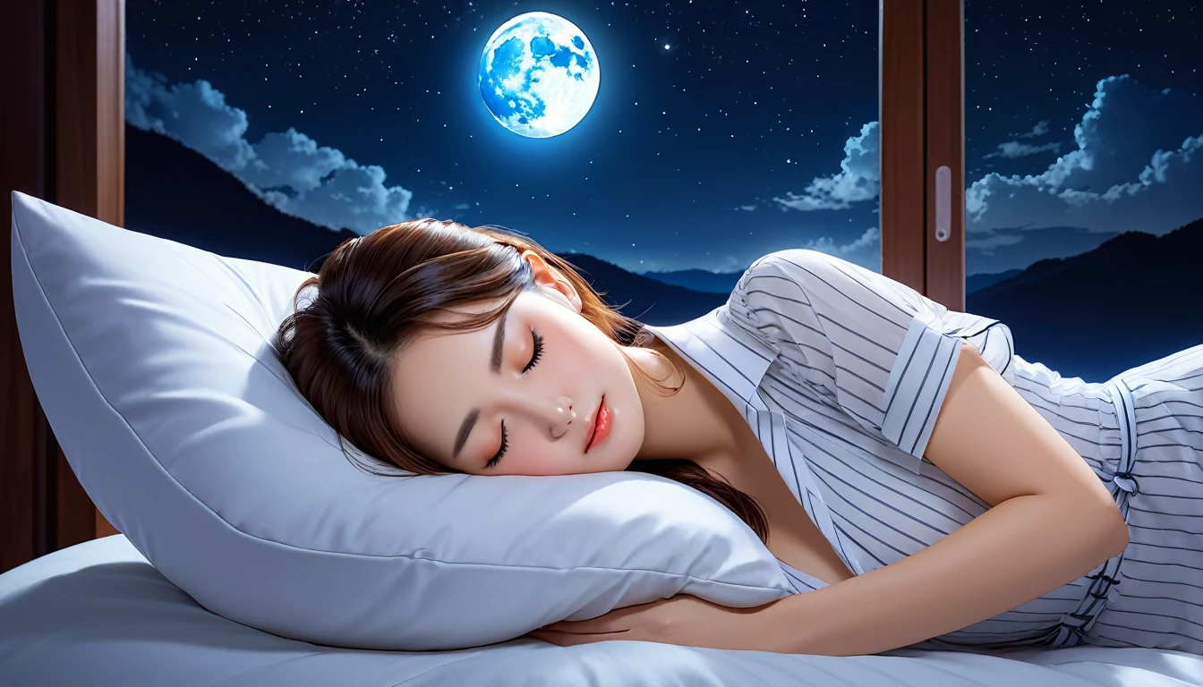 (Highest quality),Beautiful woman sleeping on a pillow ,a working woman,Night Sky, star, full moon