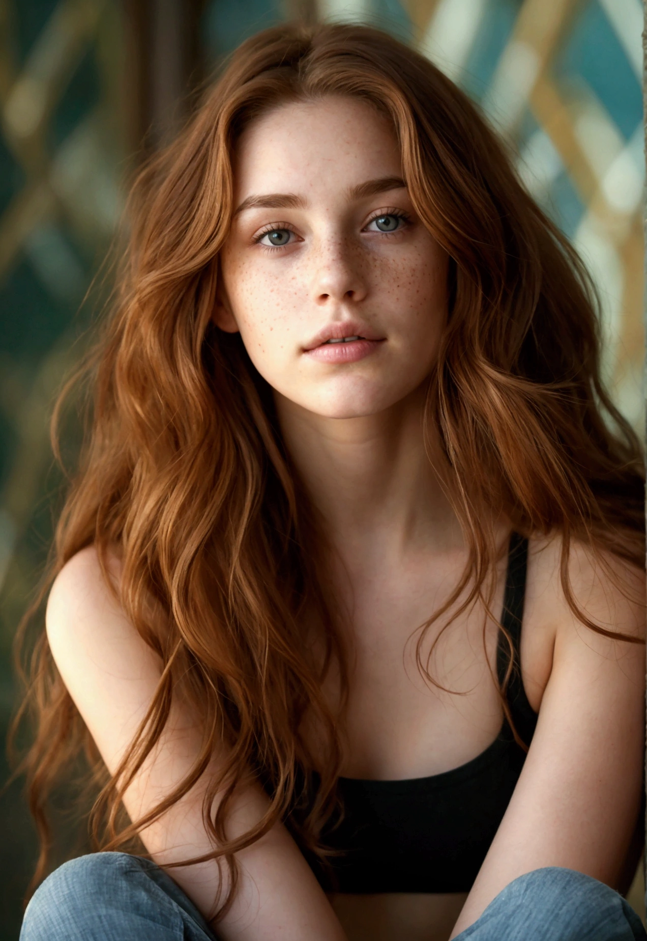 Renaissance portrait of a woman with messy curly red hair, with freckles
