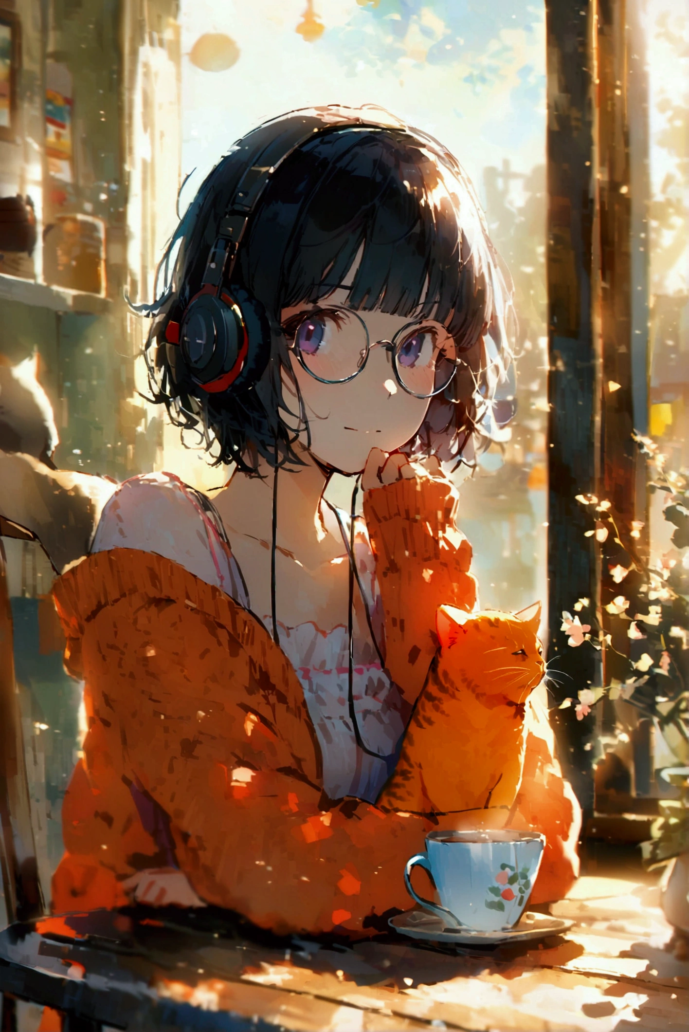 (extremely detailed fine touch:1.3), pastel collar, (((semi-rimless round eyewear:1.3))), (headphone:1.2), short hair, blunt bangs, 1 girl, In the morning, there is a bright morning sun drinking coffee at the dining table, and there is a cat.
