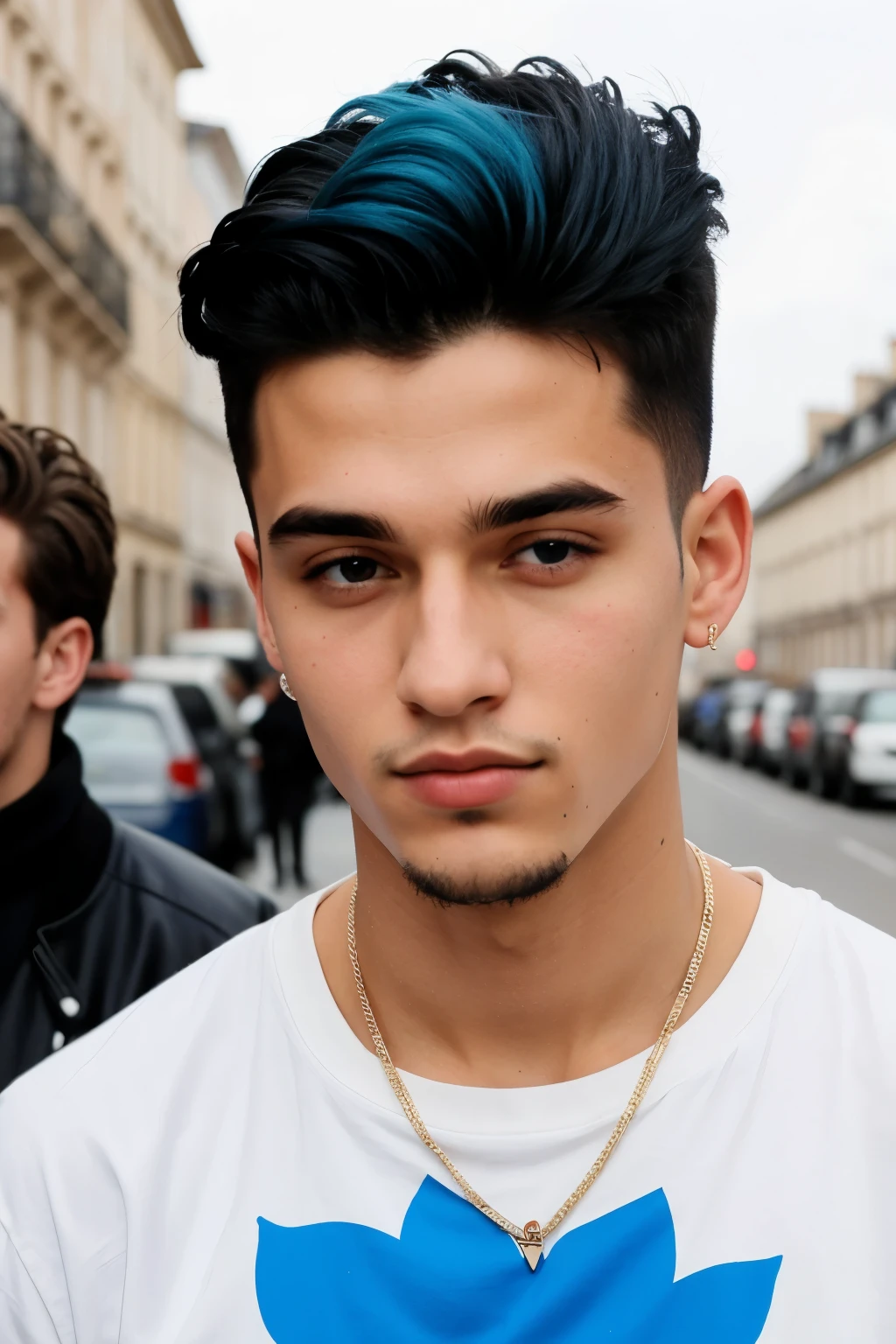 Un homme artiste rappeur de 19ans avec un beau visage très beau, avec des yeux bleus des cheveux Noir très cool