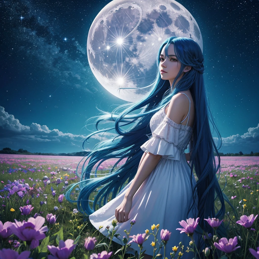 Woman, beautiful long hair, bright blue hair standing in a field of flowers full moon stars sky 