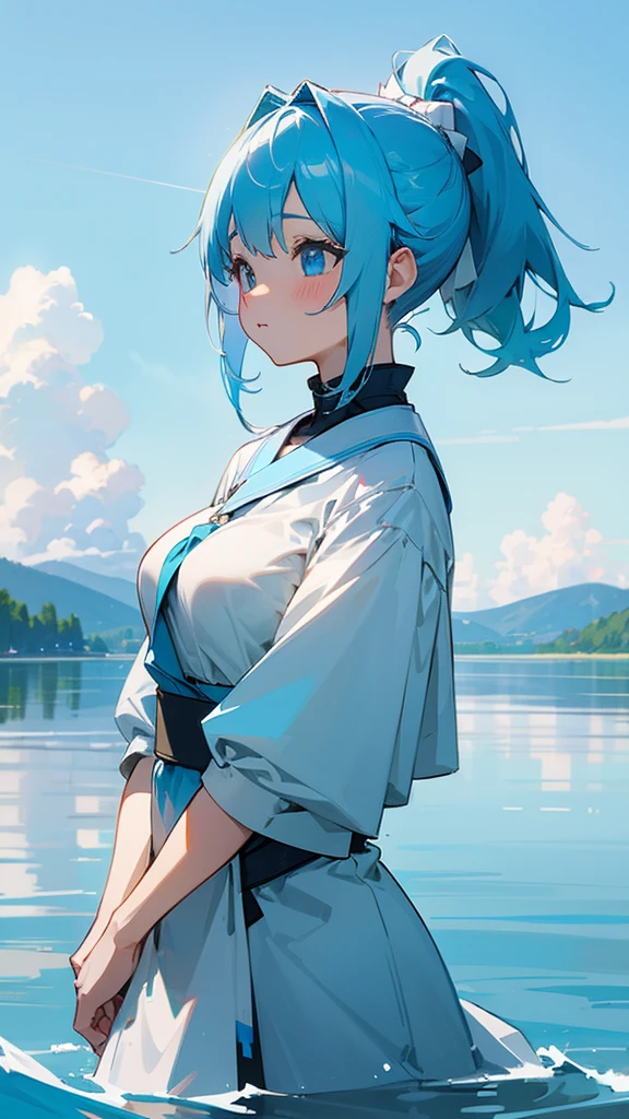 Big Breasts、pretty girl、Light blue hair、ponytail、high resolution、lake、Clean water、Beautiful sky