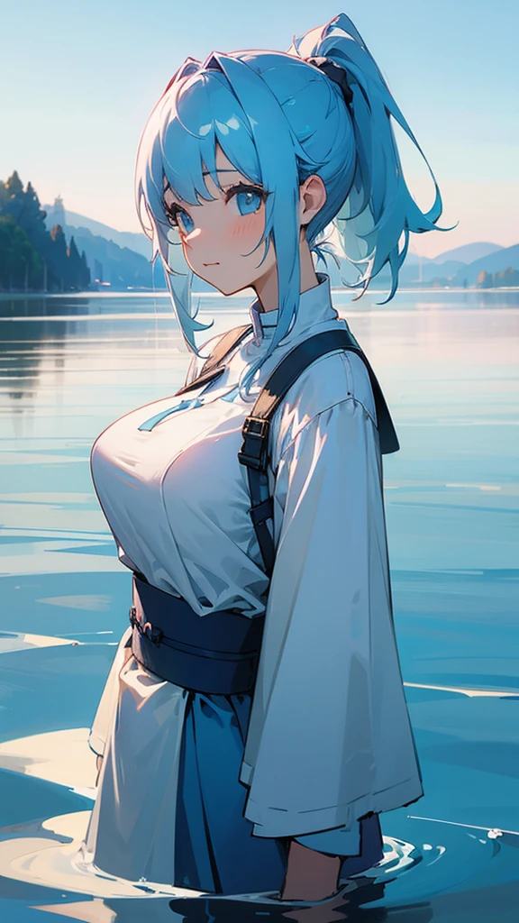 Big Breasts、pretty girl、Light blue hair、ponytail、high resolution、lake、Clean water、Beautiful sky