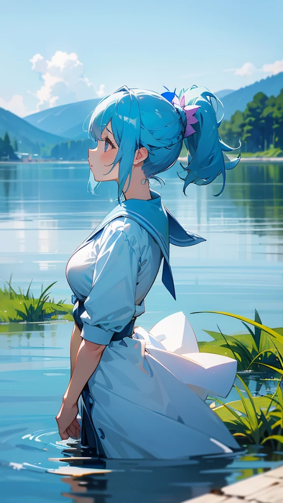 Big Breasts、pretty girl、Light blue hair、ponytail、high resolution、lake、Clean water、Beautiful sky