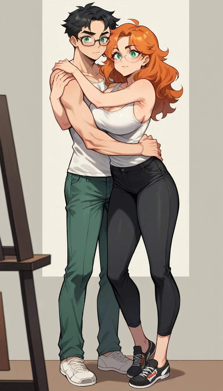 1 woman, wavy orange hair, green eyes , sly face , glasses , white tank top , black panties , abdomen, big breasts , Put your hands on your hips... , canvas shoes , 1 man , boy , black hair , shirt , trousers , Hugging the woman&#39;s waist , convenience store