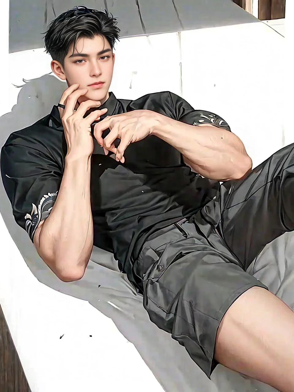 masterpiece, 1boy, adult, handsome, black hair, undercut hair, perfect face, detailed eyes and face, black eyes, clean shaved, muscular, capturing a rural atmosphere, dynamic lighting, unreal engine 5, hd picture,