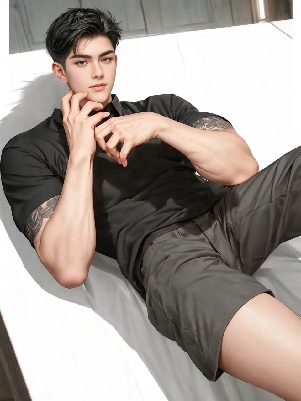 masterpiece, 1boy, adult, handsome, black hair, undercut hair, perfect face, detailed eyes and face, black eyes, clean shaved, muscular, capturing a rural atmosphere, dynamic lighting, unreal engine 5, hd picture,