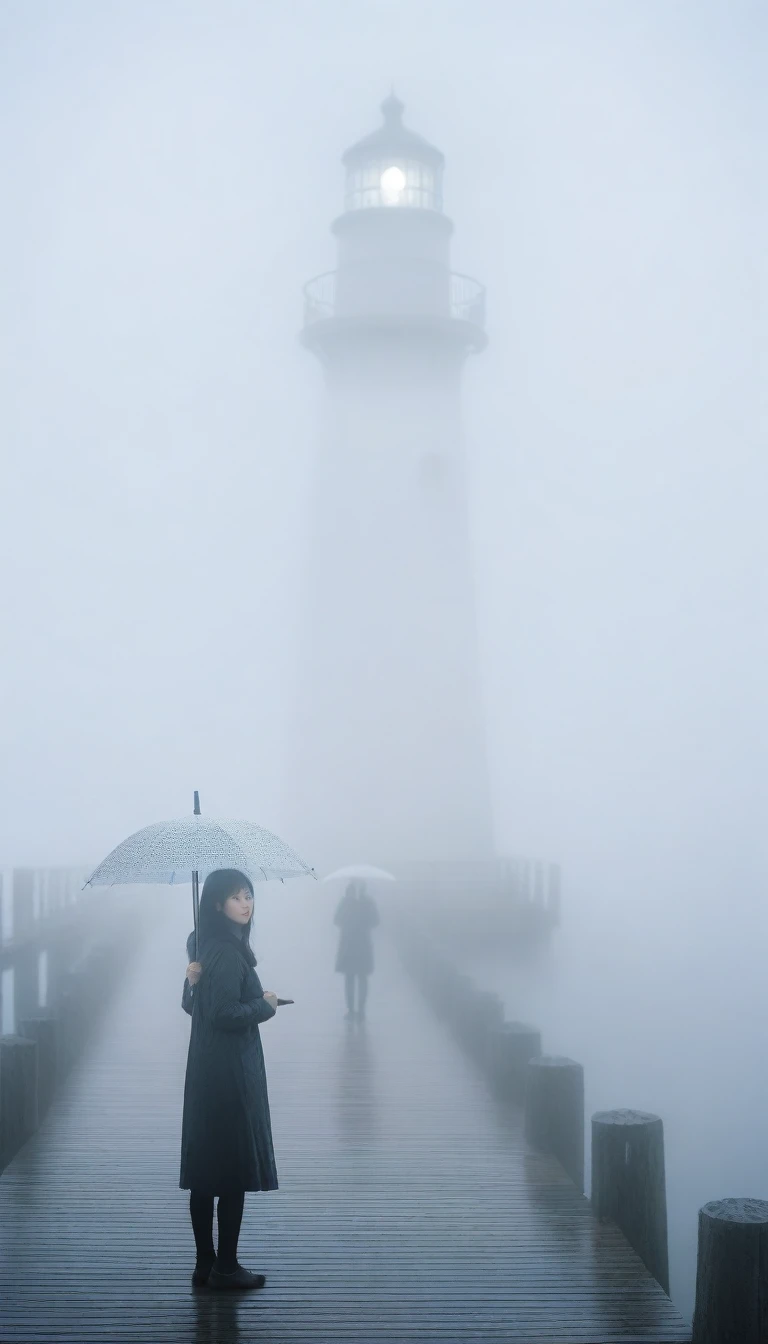 girl,짧은 middle 머리. cool,rain,blur,Fog,middle,cool,boring,,pier,only,lighthouse,Coast, The dim light shines in the Fog,and the figure stands in the Fog holding an umbrell