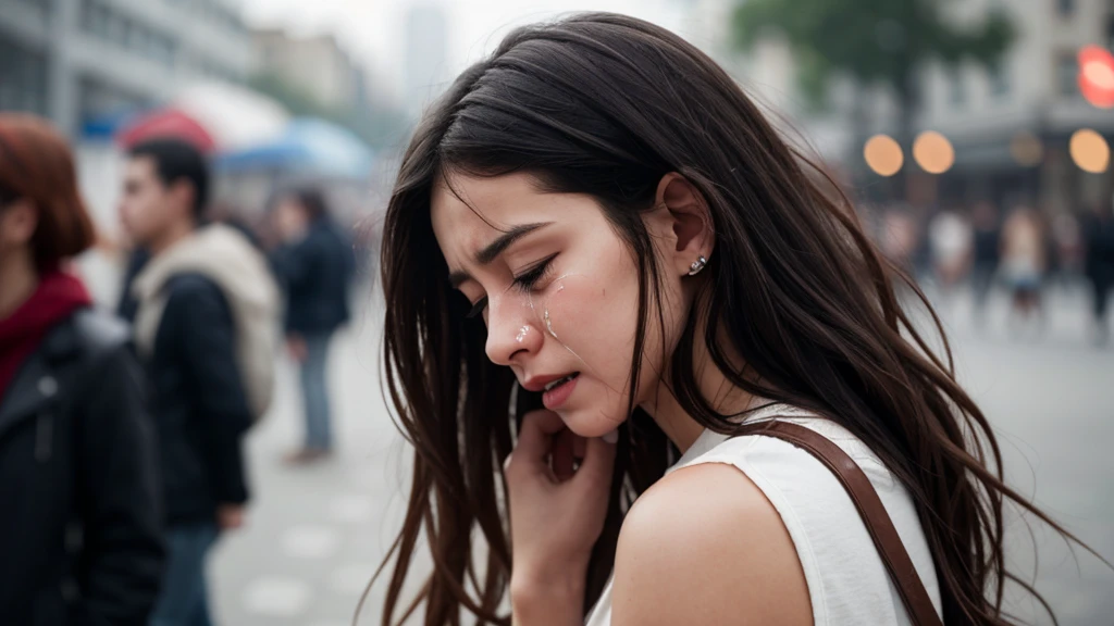 a young woman crying, with a blurred background full of people, 32K quality