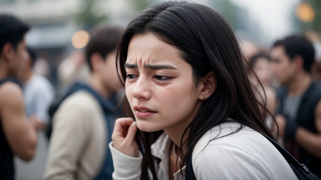 a young woman crying, with a blurred background full of people, 32K quality