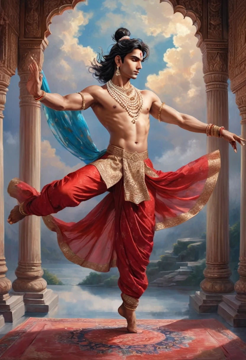 A captivating scene set in the ethereal realm of Swarg Lok, where a 20-year-old boy, with the grace and allure of an Indian apsara, performs the sacred Tandav dance before the mighty deity Indra. His long hair, meticulously styled to cascade down his back like a waterfall of raven silk, is adorned with fragrant flowers and delicate strands of pearls that shimmer under the heavenly light. His face, a harmonious blend of masculine and feminine beauty, is painted with exquisite make-up that accentuates his high cheekbones and full, rosy lips. A pair of striking blue eyes, a rarity among the divine beings, peer out from beneath long, curled lashes, hinting at the youthful charm that lies beneath the guise of the celestial dancer. He wears a vibrant red bra-type blouse that clings to his torso, revealing just the right amount of skin to showcase the intricate mehndi designs that swirl up his arms like a tapestry of love and devotion. Around his waist is a mini skirt-style drape of a traditional Indian sari, which flutters with each precise movement of his dance, revealing flashes of gold and red fabric as he leaps and twirls. The garment is tied in a way that allows for the freedom of movement required for the Tandav, and the fringes are embroidered with glittering sequins that catch the light with every step. His slender legs, which seem to defy gravity as he dances, are revealed through the openings of the skirt, encased in sheer fabric that adds an air of mystery to his performance. His bare feet, sturdy yet elegant, strike the marble floor with the confidence of a seasoned dancer, echoing the rhythmic beats of the celestial drums. Indra, the king of gods, watches from his throne with a mix of admiration and curiosity, his eyes reflecting the sparkle of the diamond studded necklace that adorns his neck. The backdrop of the image is a breathtaking panorama of clouds and opulent palaces, with heavenly beings and mythical creatures looking on from the sidelines, all enve