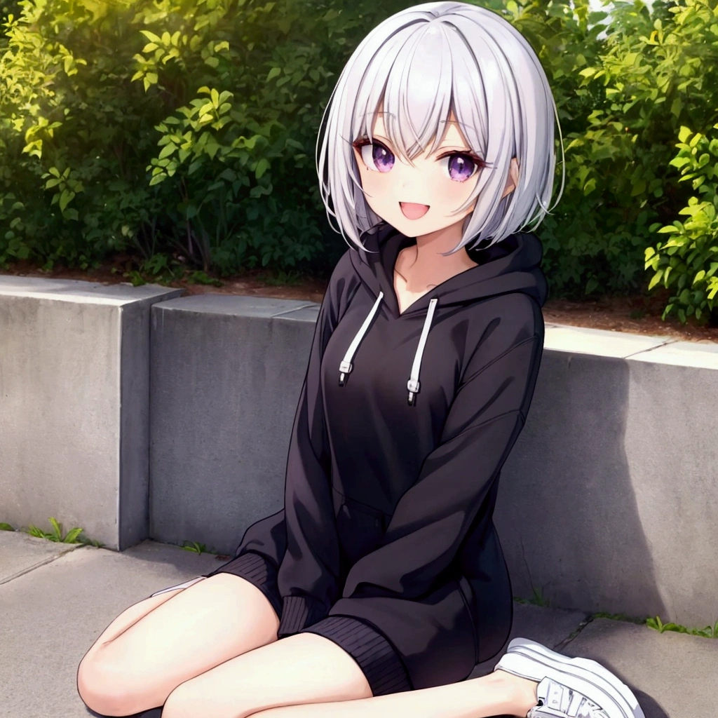 a cute lady, black short hair, bob hair, sitting at sunny park, cheerful smile, purple eyes, detailed pupil, detailed eyes, whole body, masterpiece, top quality, slender body, flat chest, over-sized hoodie, sneakers, white jogging wear, beautiful thigh, short socks