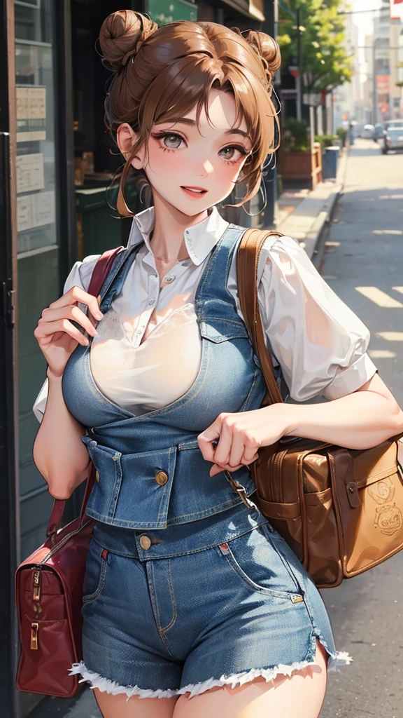 Female 26 years old，housewife，Outside on the street，Sunlight，Smile，put on lipstick，Light brown curly hair，A bun on the head，White short-sleeved vest，Denim skirt，fit，Large Breasts