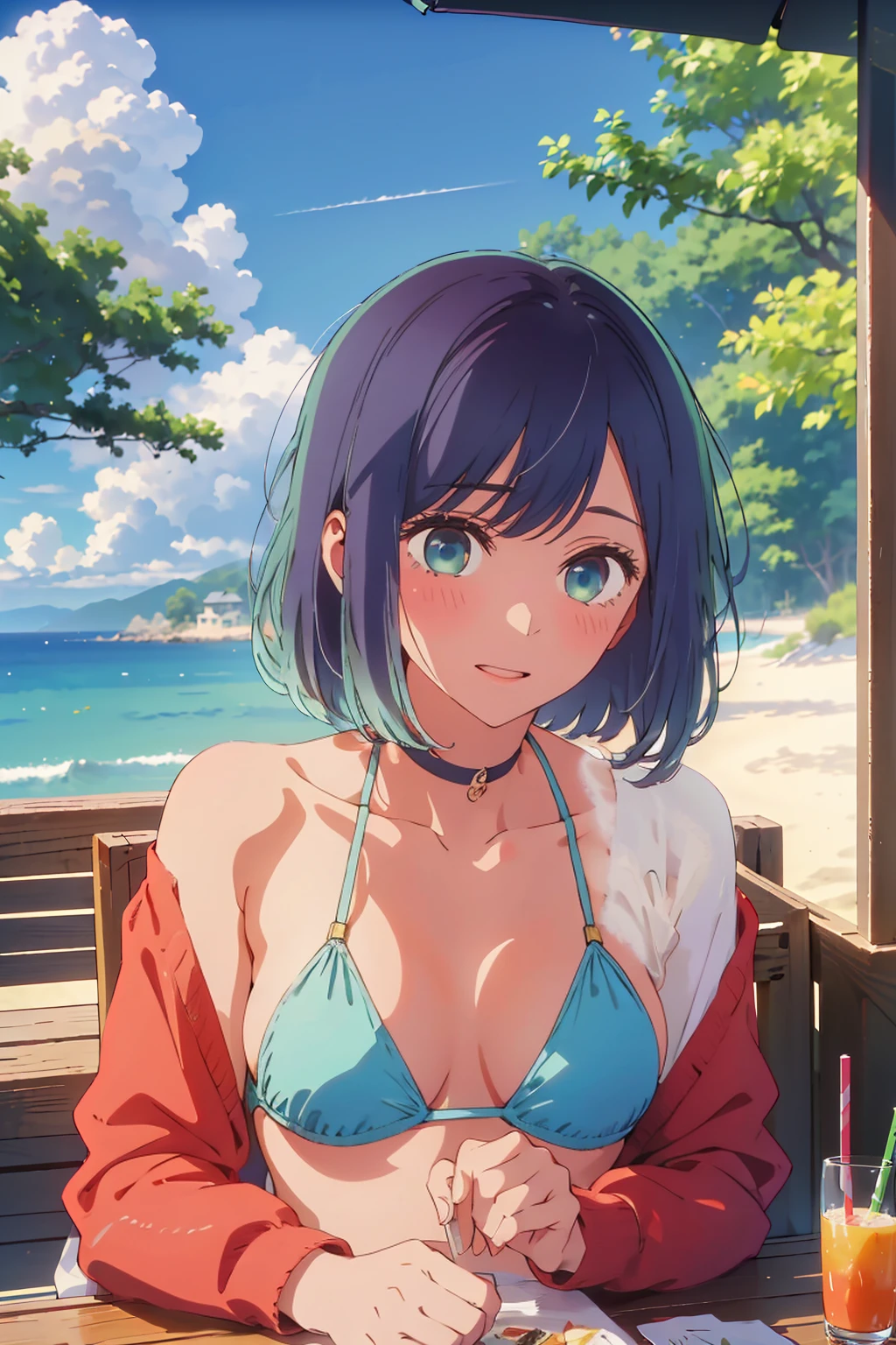 (Highest quality:1.4、masterpiece:1.4、Super detailed:1.4、8K:1.4)、((((1 person、Surprised expression、sit、Outdoor café terrace、coastal、juice、table、Sandy Beach、juiceのグラスを持つ、Micro Bikini、Very soft boobs、Big eyes、Very cute face))))、(beach house:1.4)、F cup bust、Medium breast、Underboob