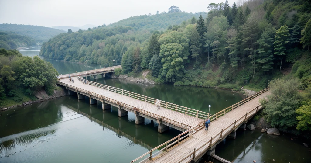 Cliff, no people allowed, no buildings allowed, a long wooden bridge, entire scenery viewed from afar.