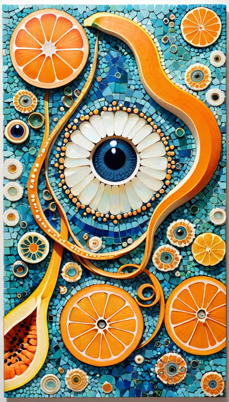Ocean、house、Sliced Papaya、woodpeckesh、Tentacles、tadpole、Eye、diatom,Abstract mosaic painting,Sense of space,White Space,interesting,Innocence,Psychedelic Art,Orange overall