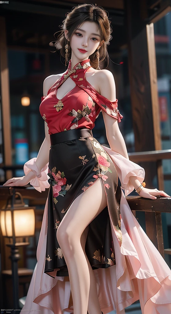 newchinesestylesuit, ((Bare shoulders)), ((Full breasts)), ((The skirt is short)), ((Sexy legs)), ((knee shot)), ((Standing, Elegant posture)), zydG, Practical, Fashion Girl, Red lips, Mature women, Exquisite makeup, big eyes, beautiful, (best quality, masterpiece:1.2), Extremely detailed, (Practical:1.37), ((Random Scenes, Random shooting angle)), ((Sexy long legs)), Young and energetic, Charming model, (Exquisite eyes, Delicate lips), Show a bright smile, Create stunning girl images, warm color, Extremely saturated colors, Official Art, Extremely detailed的 CG, Unity 8K wallpaper, (High Dynamic Range :1.4), (Movie atmosphere),(Soft colors), (Natural skin texture, ultra-Practical, Soft Light, sharp),(Very detailed), night, moonlight