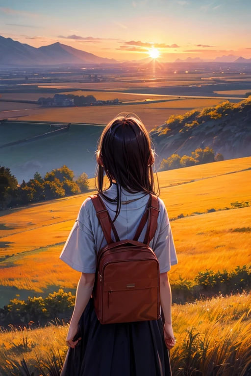 Highest quality、Landscape painting、Plains、Sunset、orange、Back view